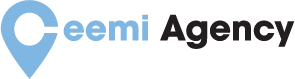 Ceemi Agency logo with a blue map pin icon forming the letter 