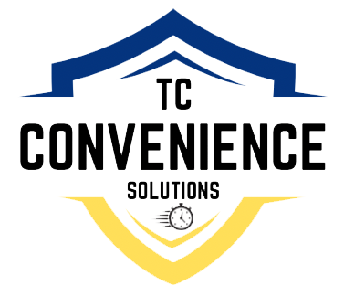 Logo for TC Convenience Solutions with a blue and yellow shield and a small clock icon below the text.